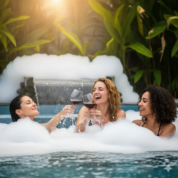 Amigas brindando en el jacuzzi con espuma en Laurel Spa Medellín