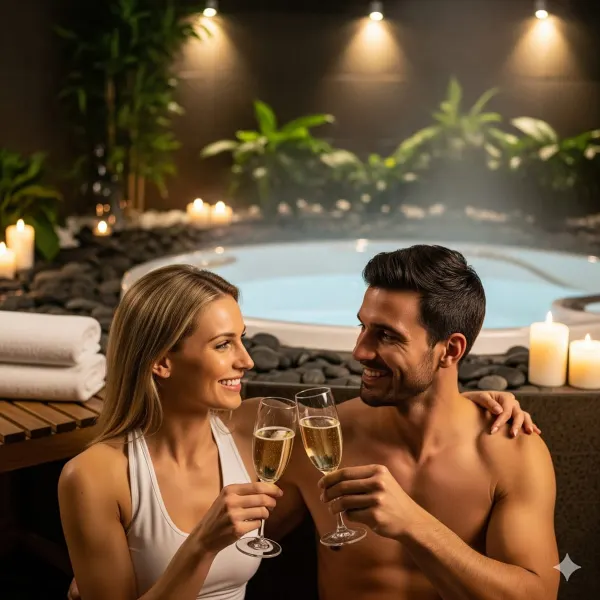 Brindis con champaña en el jacuzzi en Laurel Spa Medellín