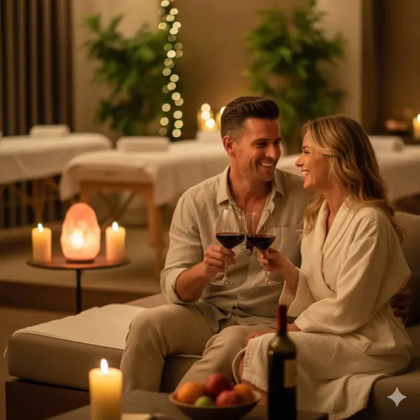 Pareja brindando con vino en la sala de descanso en Laurel Spa Medellín