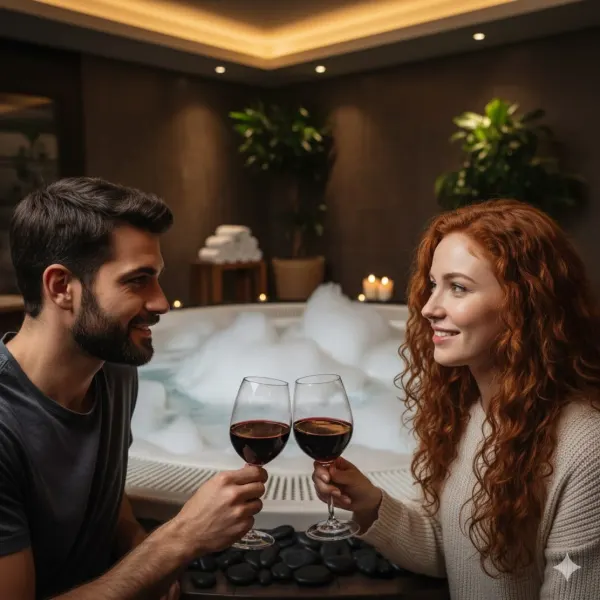 Pareja con copas de vino junto al jacuzzi en Laurel Spa Medellín