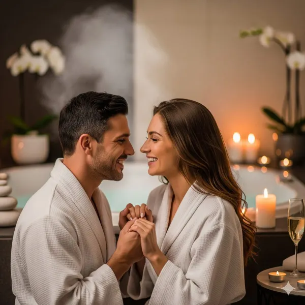 Pareja en batas de baño en la zona húmeda en Laurel Spa Medellín
