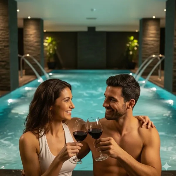 Pareja en la piscina climatizada en Laurel Spa Medellín